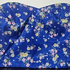 Hmong Floral Blue Strapless Cropped Tube Top